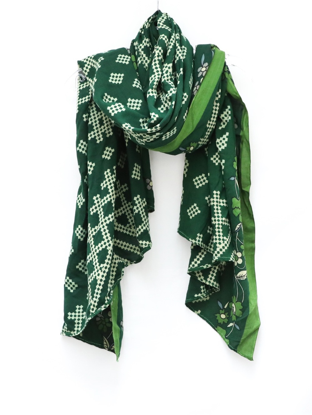 Large green pashmina scarf geometric ethnic print boho coverup beach wrap - Picture 2 of 6